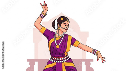 A woman in traditional attire performs Bharatanatyam in an ancient temple.