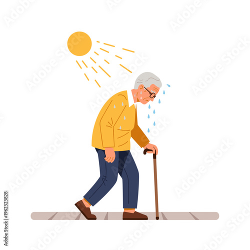 Elderly man walking with cane suffering from extreme summer heat exhaustion