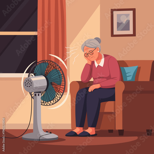 Elderly woman feeling exhausted and hot sitting near electric fan