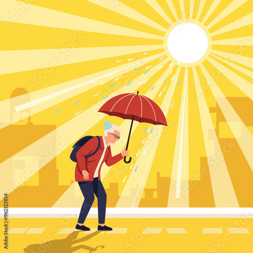 Elderly woman uses umbrella to protect herself from intense heatwave