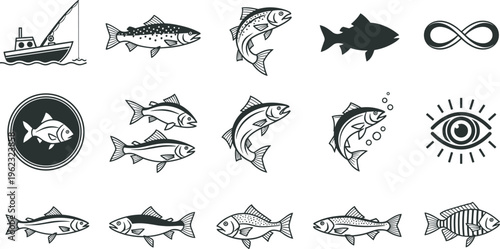 Fishing boat and salmon collection featuring cad drawing flat vector illustration of leaping fish species black silhouettes infinity and eye symbols graphics set.