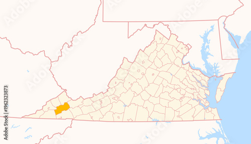 Map of the County Russell (Virginia, US) showing the Federal State with the highlighted County