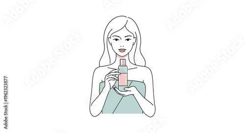 Woman holding pink bottle in minimalist line art style with soft pastel colors for beauty product advertising