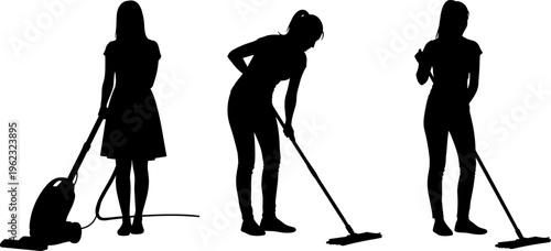 Cleaning women silhouettes, vacuuming and mopping tasks, housework routine, domestic service concept, hygiene maintenance, home cleaning activity, vector illustration set