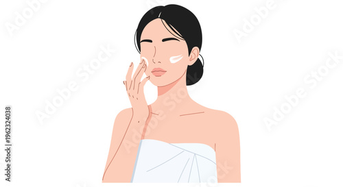 Woman applying cream on face in minimalist flat illustration for skincare advertising