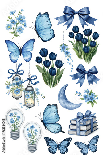 Blue floral arrangement with butterflies, bows, lanterns, crescent moon, and light bulbs, for romantic themes, celebrations, or dreamy designs, light bulb