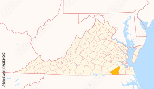 Map of the County Southampton (Virginia, US) showing the Federal State with the highlighted County