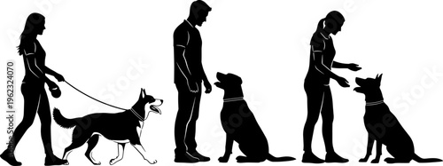 Dog training silhouettes, people interacting with dogs, obedience training session, pet owner lifestyle, canine behavior, walking and command practice illustration