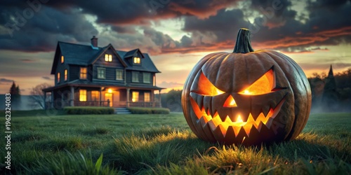 A menacing jack-o'-lantern glows ominously in the twilight grass before a darkened house, creating an eerie autumnal scene.