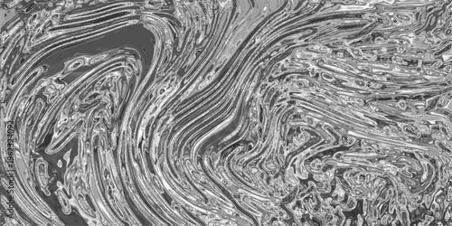 Abstract metallic liquid flow texture with swirling patterns and intricate details in monochrome silver and gray tones