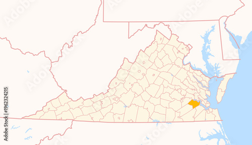Map of the County Surry (Virginia, US) showing the Federal State with the highlighted County