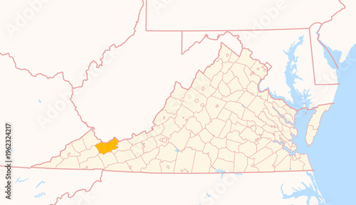 Map of the County Tazewell (Virginia, US) showing the Federal State with the highlighted County