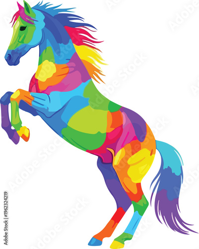 A colorful vector illustration of a cute, happy horse with wings features a funny cartoon design that serves as a vibrant animal symbol on a white background