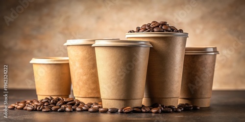 Aromatic Coffee Beans Surround Various Sizes of Eco-Friendly Disposable Cups Ready for Brewing