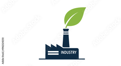 Sustainable Green Industry Icon: Eco-Friendly Factory with Leaf Chimney. Symbolizing Environmentally Responsible Manufacturing & Clean Production.