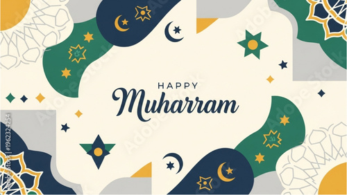 A festive Muharram celebration background with traditional Islamic patterns and moon crescent stars