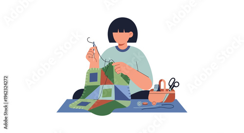 Woman Hand Quilting and Sewing Patchwork. Creative Craft Hobby with Needle, Thread, and Sewing Supplies. Flat Vector Illustration.