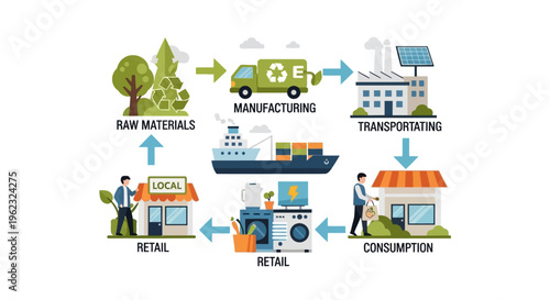 Circular Economy and Sustainable Supply Chain Process Infographic with Eco-Friendly Manufacturing, Green Logistics, and Responsible Consumption