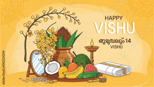 People celebrate Vishu with traditional items on table indoors