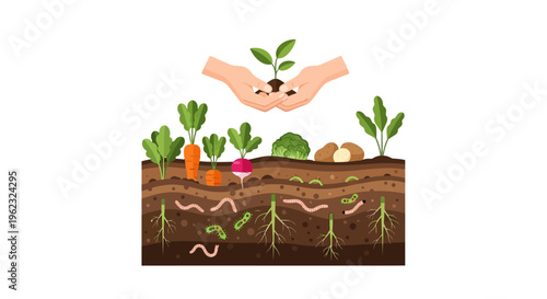 Sustainable Organic Gardening: Hands Planting Seedling in Rich Soil with Growing Vegetables, Roots, Earthworms & Microbes