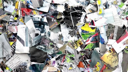 Abstract background of layered torn posters and shredded paper with messy textures and street art aesthetic in a seamless loop style.