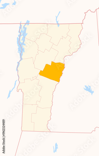 Map of the County Orange (Vermont, US) showing the Federal State with the highlighted County