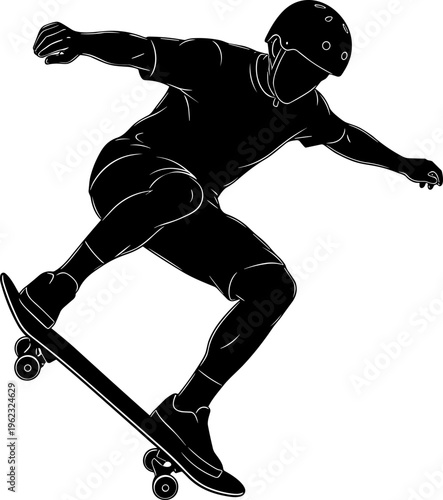 Dynamic skateboarder silhouette performing trick, urban extreme sport action, helmet safety gear, motion energy, street style illustration, isolated background design