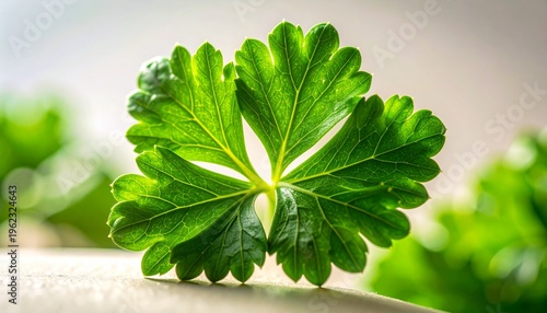 A vibrant green leaf sits on a surface with blurred leaves in the background.
