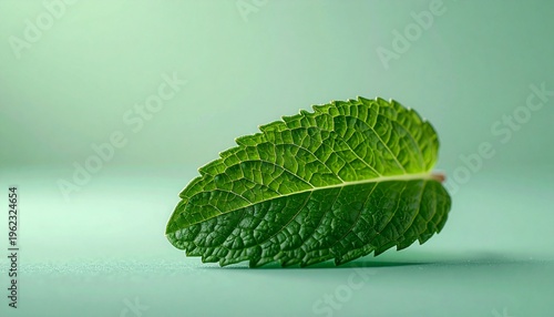 A close-up view of two fresh green leaves on a minty surface with a soft green background