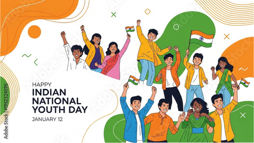 Diverse group of young people celebrating Indian National Youth Day with flags