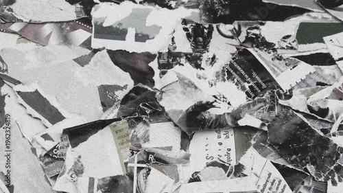 Abstract background of layered torn posters and shredded paper with messy textures and street art aesthetic in a seamless loop style.