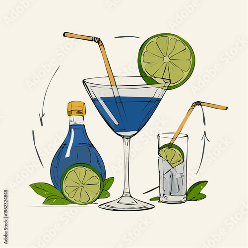 Illustration of a blue cocktail with lime slices and straws next to a bottle and a glass with ice on a plain background with a playful and refreshing mood.