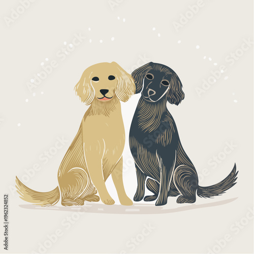 Illustration of two dogs, one golden and one dark brown, sitting side by side against a clean white background with subtle sparkles.