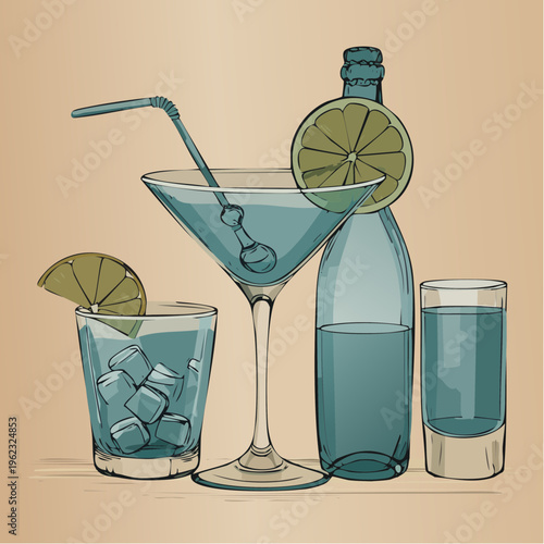 Illustration of refreshing blue cocktails with lime slices and ice cubes on a beige background, including a martini glass and bottle.