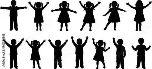 Children silhouettes set with raised arms, playful kids poses collection, happy childhood activity concept, boys and girls vector illustration