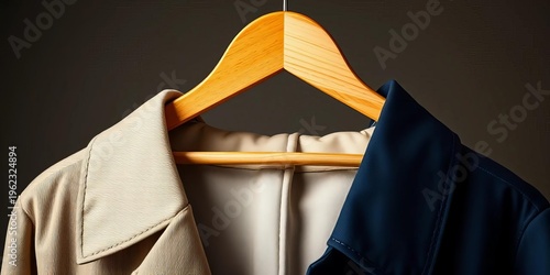 Wooden coat hanger with notched shoulders, ideal for jackets, storage, texture