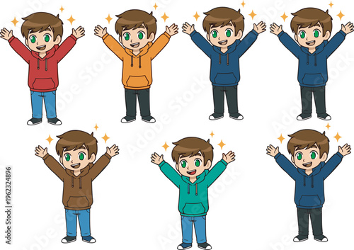 Happy boy character set featuring cad drawing flat vector illustration of young male child in colorful hoodies with sparkling stars and joyful expressions.