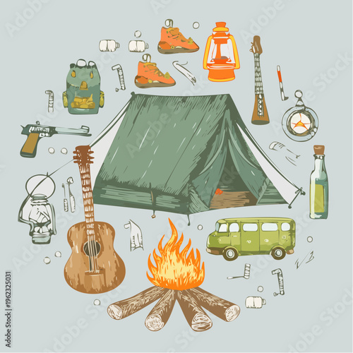 Illustration of camping gear and accessories arranged around a tent and campfire on a light background with a mix of outdoor and recreational items.