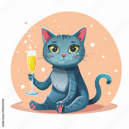 A cartoon cat holding a champagne flute in front of a peach-colored circle with white dots on a white background.