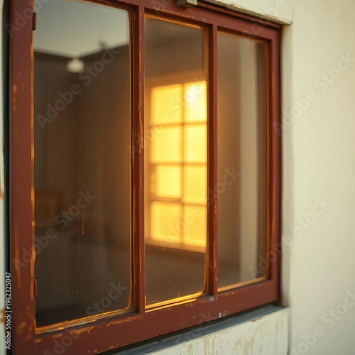 Rust-kissed windowpane, hazy daylight filtering through, a silent sentinel of bygone journeys,  weathered, school bus