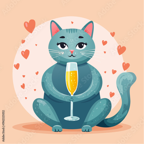 A teal cartoon cat holding a champagne flute surrounded by floating hearts on a peach background with a playful and romantic mood.