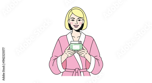 Smiling blonde woman in pink bathrobe holding green mug in cozy morning lighting for wellness advertising