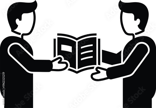 Vector illustration of two people sharing a book in a simple black and white design