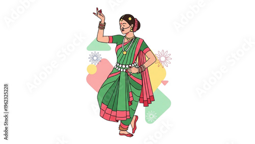 Woman in traditional Indian attire dancing with vibrant colorful patterns