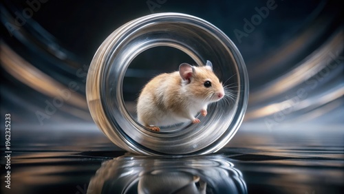 A Tiny Rodent Navigates a Sleek Metallic Ring, a Study in Contrast and Miniature Exploration