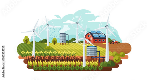 Sustainable Agriculture & Renewable Energy Farm Landscape: Wind Turbines, Solar Panels & Modern Irrigation