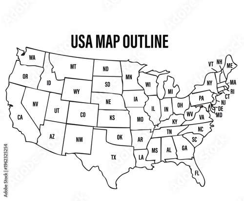 USA Map Outline with State Abbreviations Black and White Vector Illustration