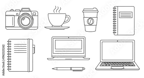 Line drawings of office supplies and gadgets.