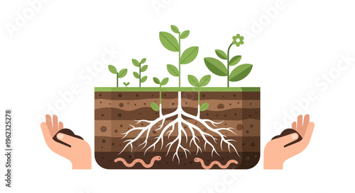 Sustainable Plant Growth Cycle with Soil Layers, Roots, and Nurturing Hands Illustration