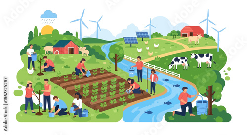 Sustainable Farming & Renewable Energy Ecosystem Illustration: Community Agriculture with Solar Panels, Wind Turbines, and Diverse Farm Activities